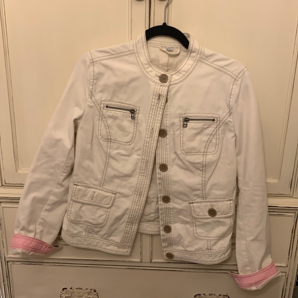 Cream colored Boden jacket with pink turn up sleeves